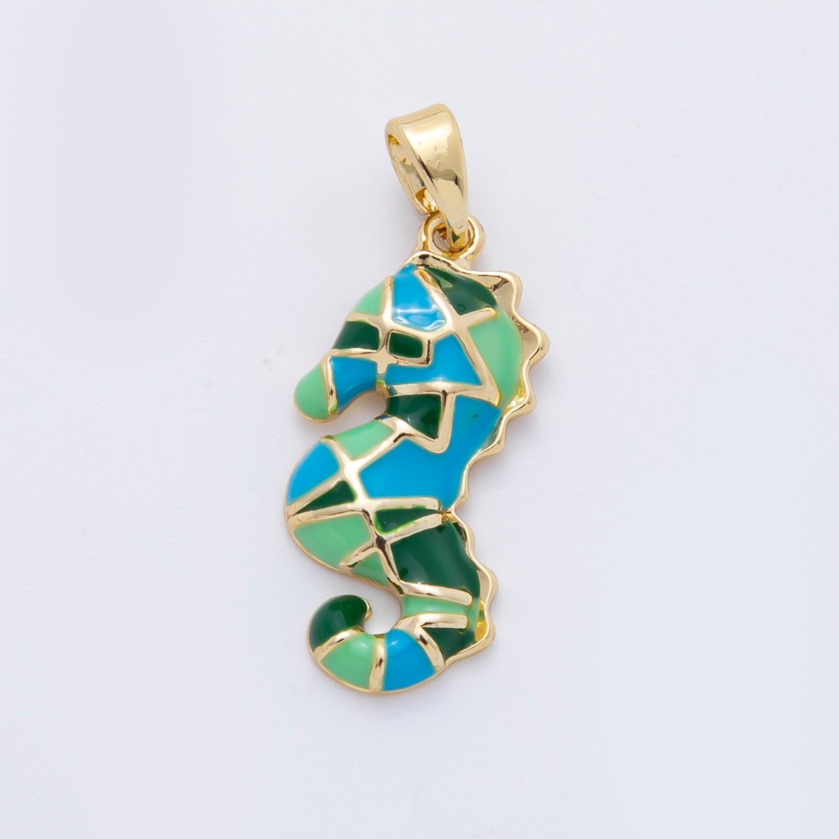 18K Gold Filled 27mm Green, Orange Enamel Seahorse Mosaic Ocean Under the Sea Animal Pendant | AF - A1103 - DLUXCA