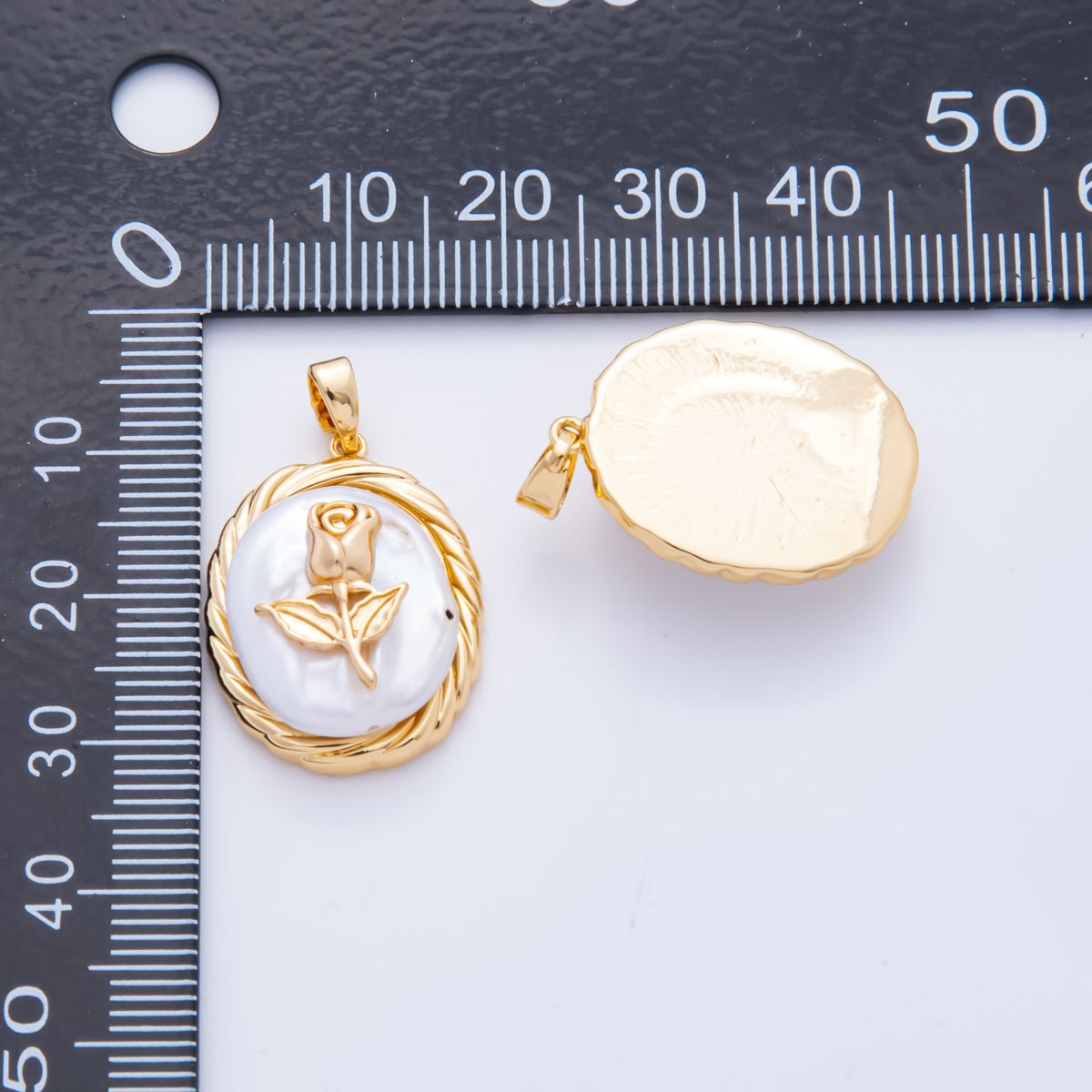 18K Gold Filled 28mm Bezel Textured Rose Flower Freshwater Pearl Pendant | AH - 810 - DLUXCA