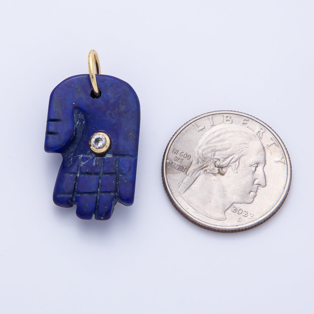 18K Gold Filled 28mm Clear CZ Blue Lapis Lazuli Hamsa Hand Charm | AK206 - DLUXCA