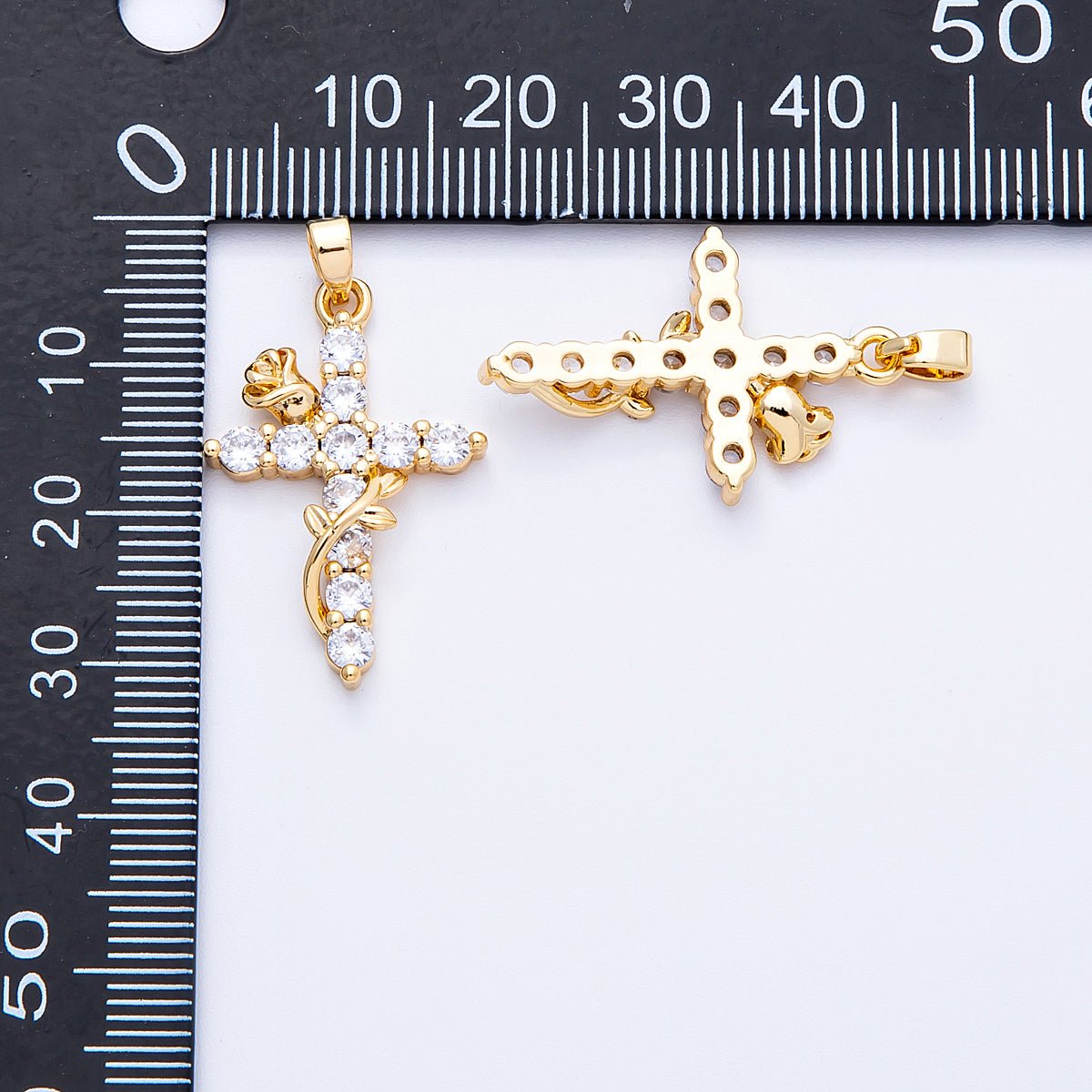 18K Gold Filled 28mm Clear CZ Religious Cross Rose Flower Pendant | Charms - 00111 - DLUXCA