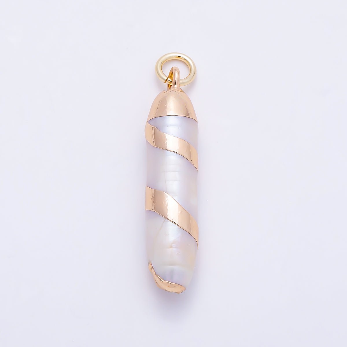 18K Gold Filled 28mm White Cylinder Biwa Freshwater Pearl Spiral Foil Charm | Charms-01372 - DLUXCA