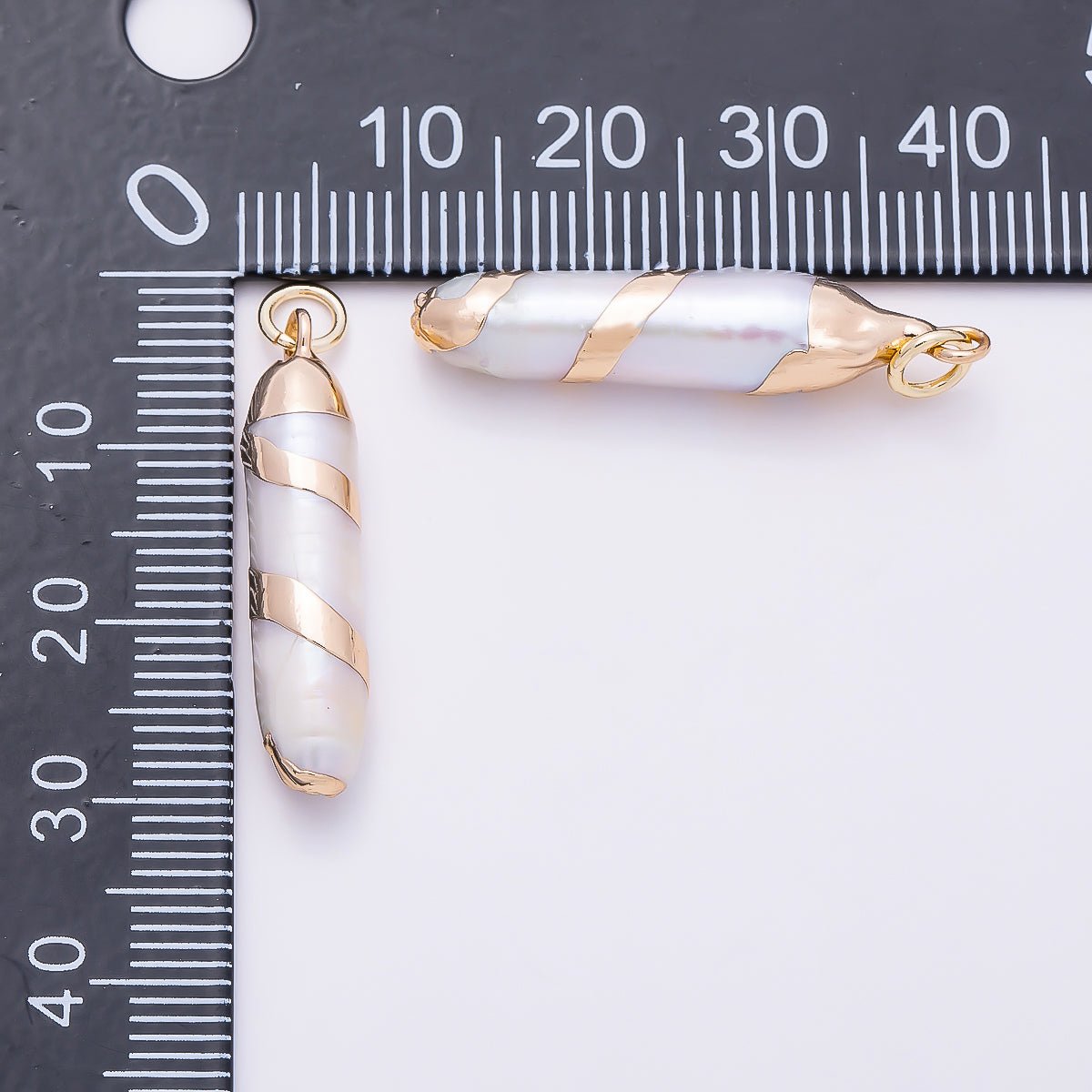 18K Gold Filled 28mm White Cylinder Biwa Freshwater Pearl Spiral Foil Charm | Charms-01372 - DLUXCA