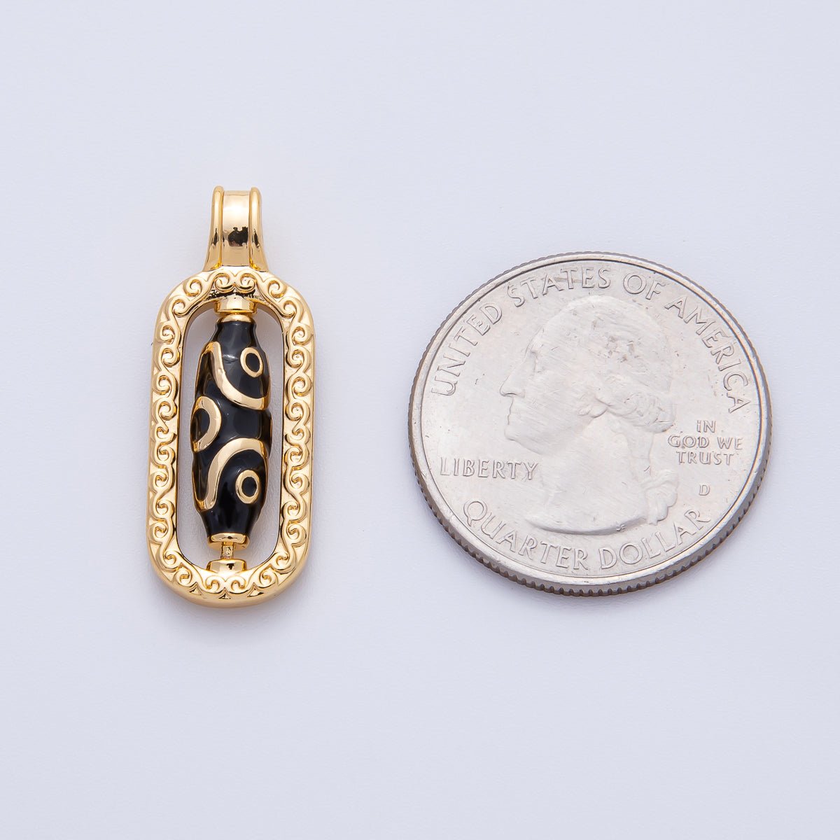 18K Gold Filled 29mm Black Handpainted Enamel Tibetan Dzi Bead Drop Pendant | AF1145 - DLUXCA