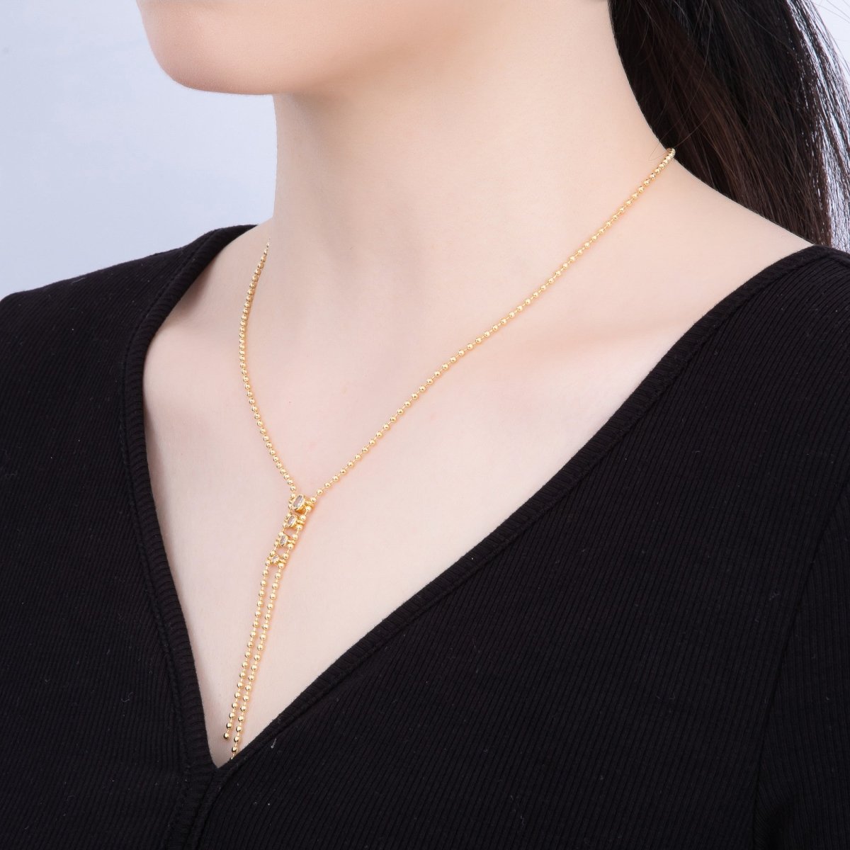 18K Gold Filled 2mm Clear CZ Gradient Round Ball Bead 18" Inch Lariat Necklace | WA - 04037 - DLUXCA