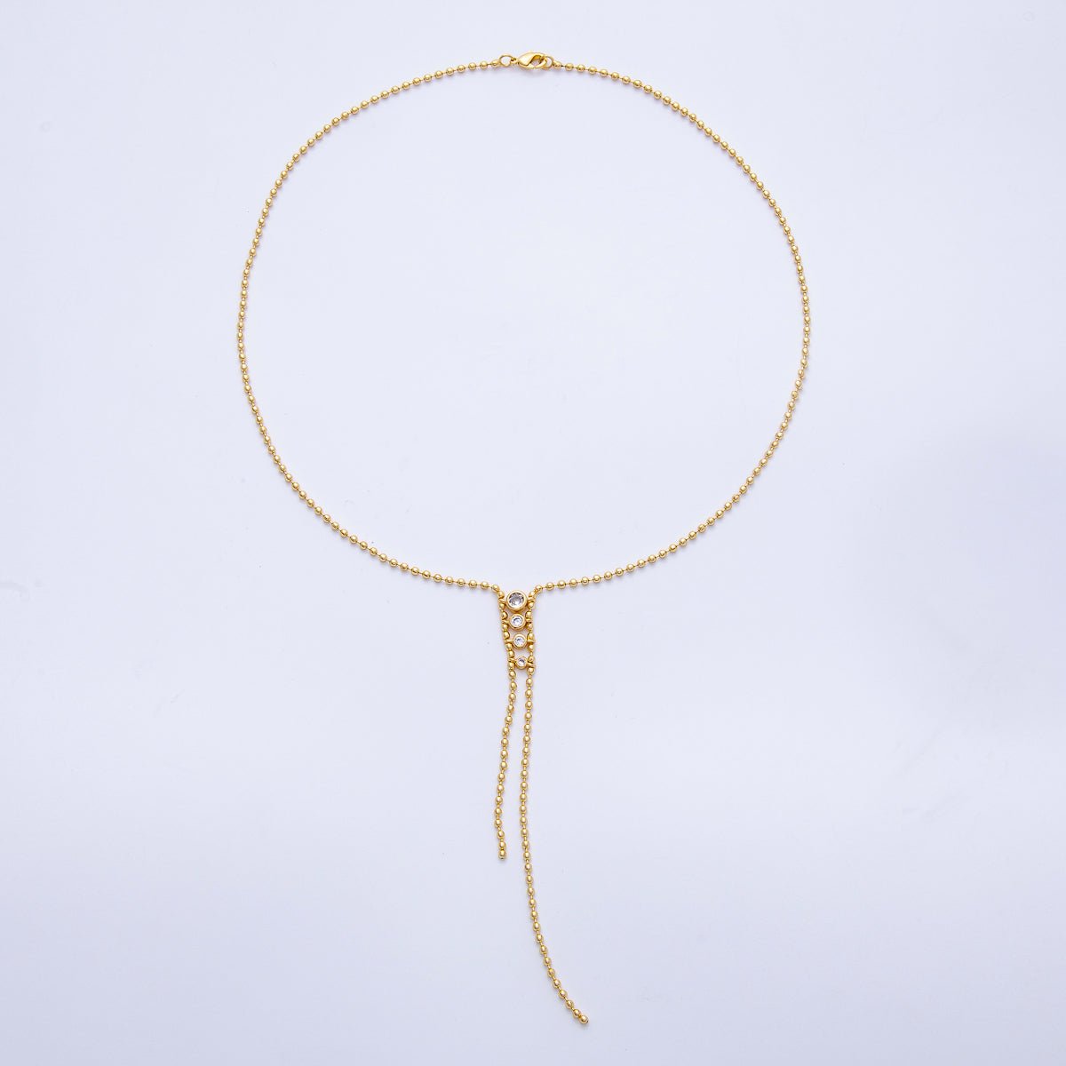 18K Gold Filled 2mm Clear CZ Gradient Round Ball Bead 18" Inch Lariat Necklace | WA - 04037 - DLUXCA