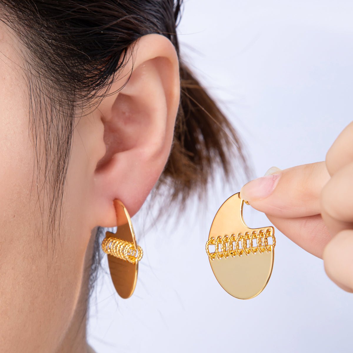 18K Gold Filled 30.5mm Minimalist J - Shaped Fringe Drop Studs | Earrings - 00195 - DLUXCA