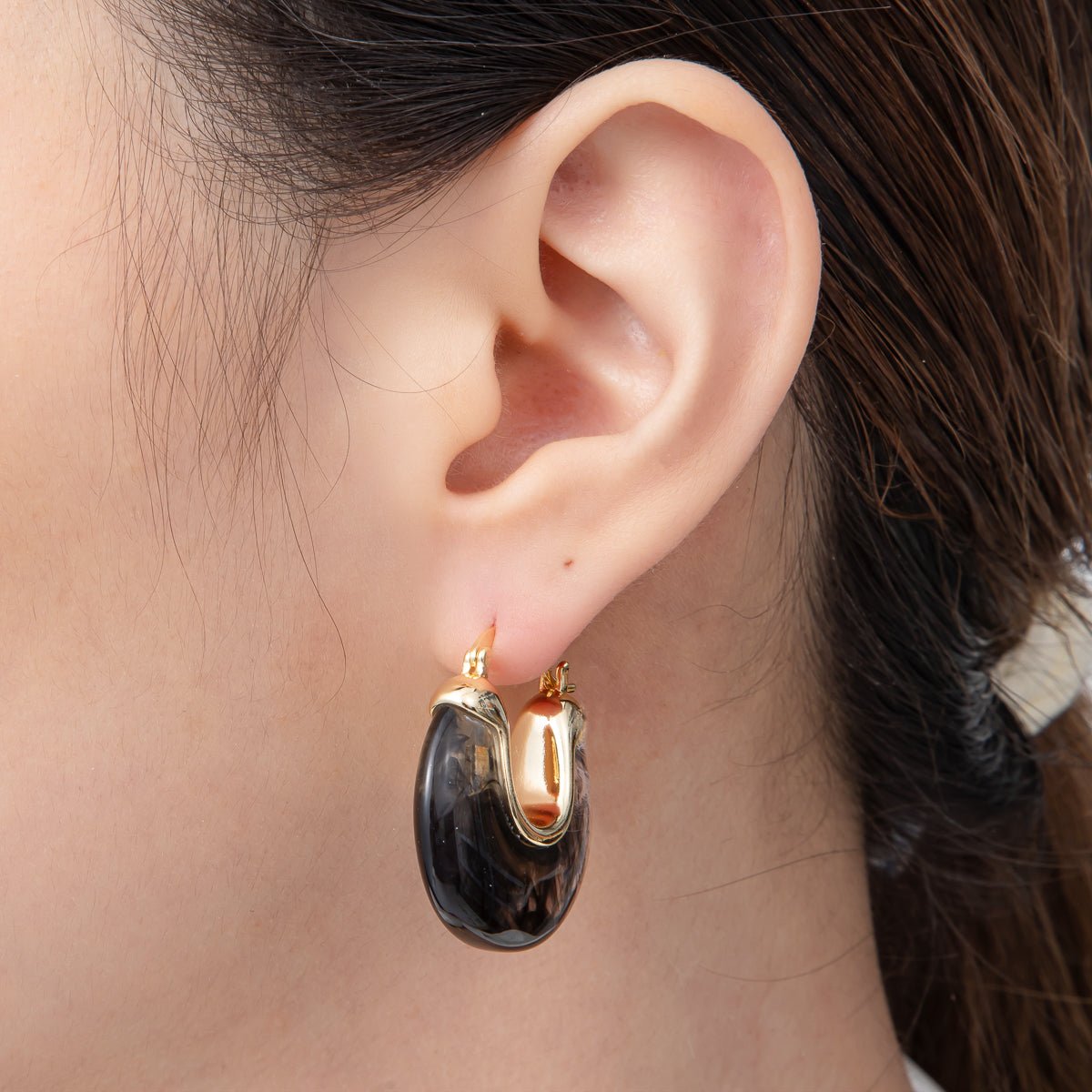 18K Gold Filled 30mm Black, Blue, Brown, White Resin Chunky Dome French Lock Latch Hoops Earrings | AJ253 - AJ256 - DLUXCA