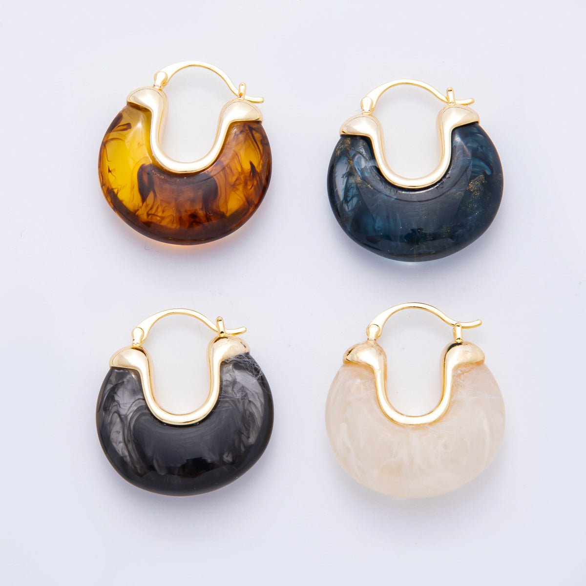18K Gold Filled 30mm Black, Blue, Brown, White Resin Chunky Dome French Lock Latch Hoops Earrings | AJ253 - AJ256 - DLUXCA