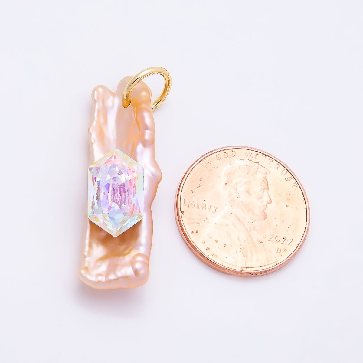 18K Gold Filled 30mm Hexagon CZ Biwa Baroque Freshwater Pearl Charm | Charms-00943 ~ Charms-00945 - DLUXCA
