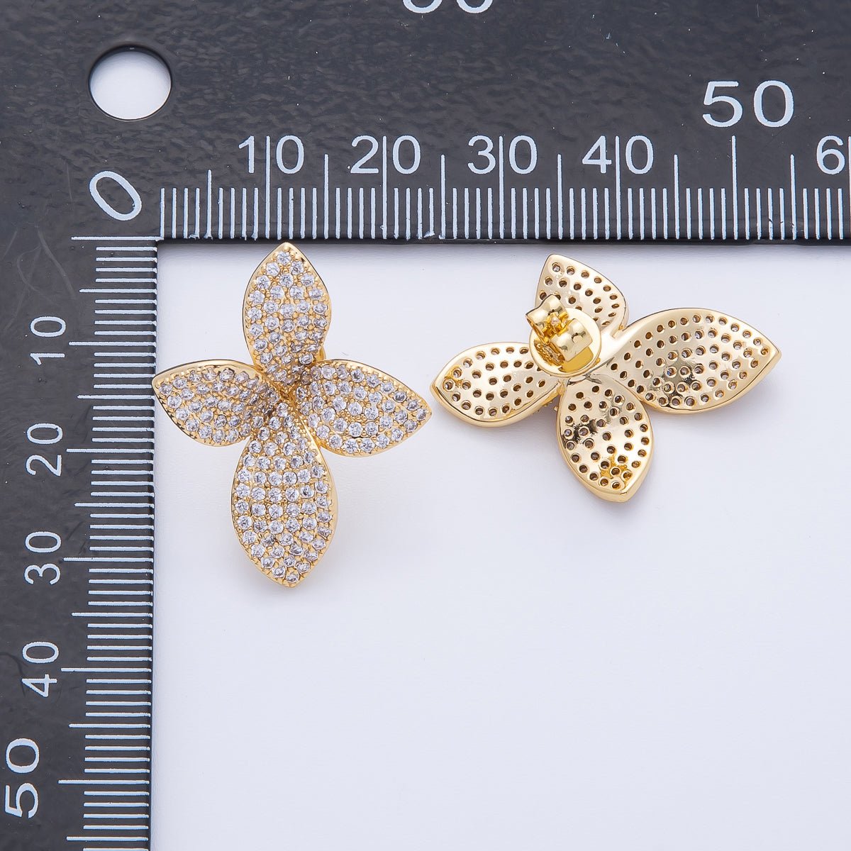 18K Gold Filled 30mm Micro Paved CZ Blossom Flower Studs Earrings | AD1588 - DLUXCA
