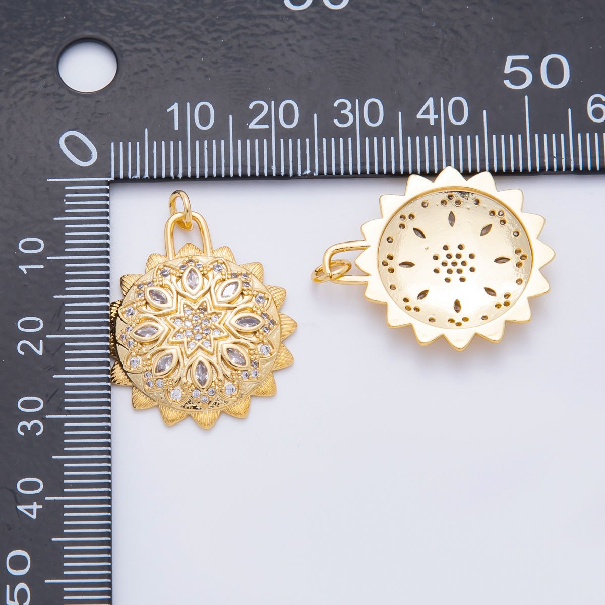 18K Gold Filled 30mm Micro Paved & Marquise CZ Sun Lotus Charm | N294 - DLUXCA