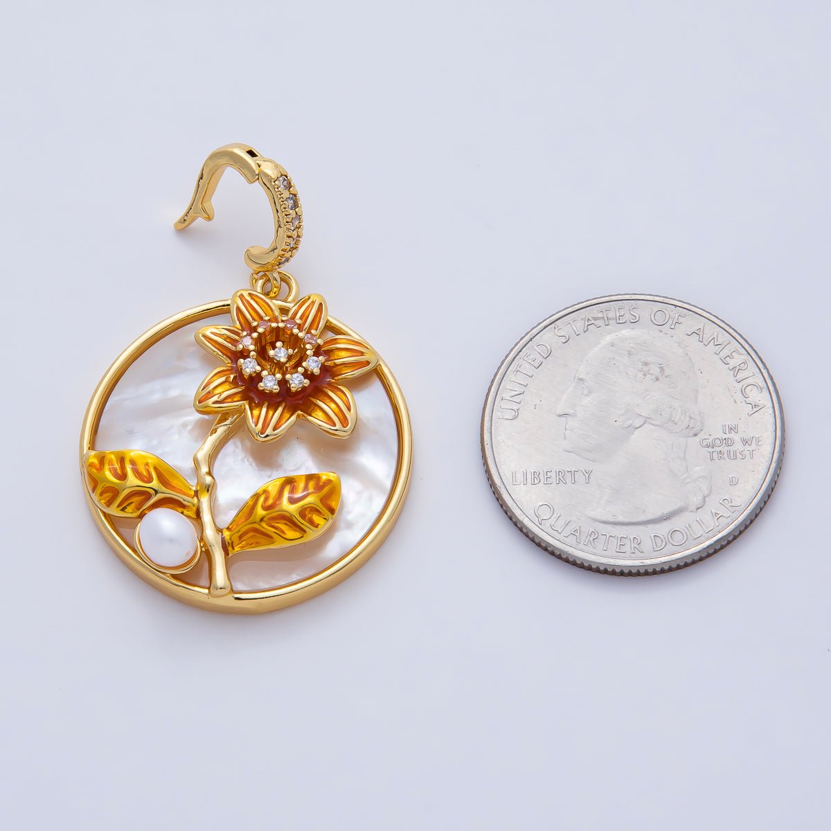 18K Gold Filled 30mm Orange Yellow Enamel Sunflower White Shell Pearl Round Pendant Charm | AF1197 - DLUXCA