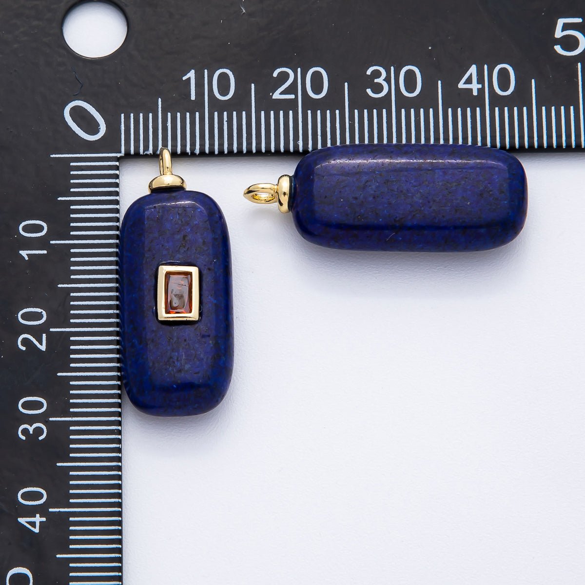 18K Gold Filled 30mm Red CZ Baguette Lapis Lazuli Tube Gemstone Charm | AF1374 - DLUXCA