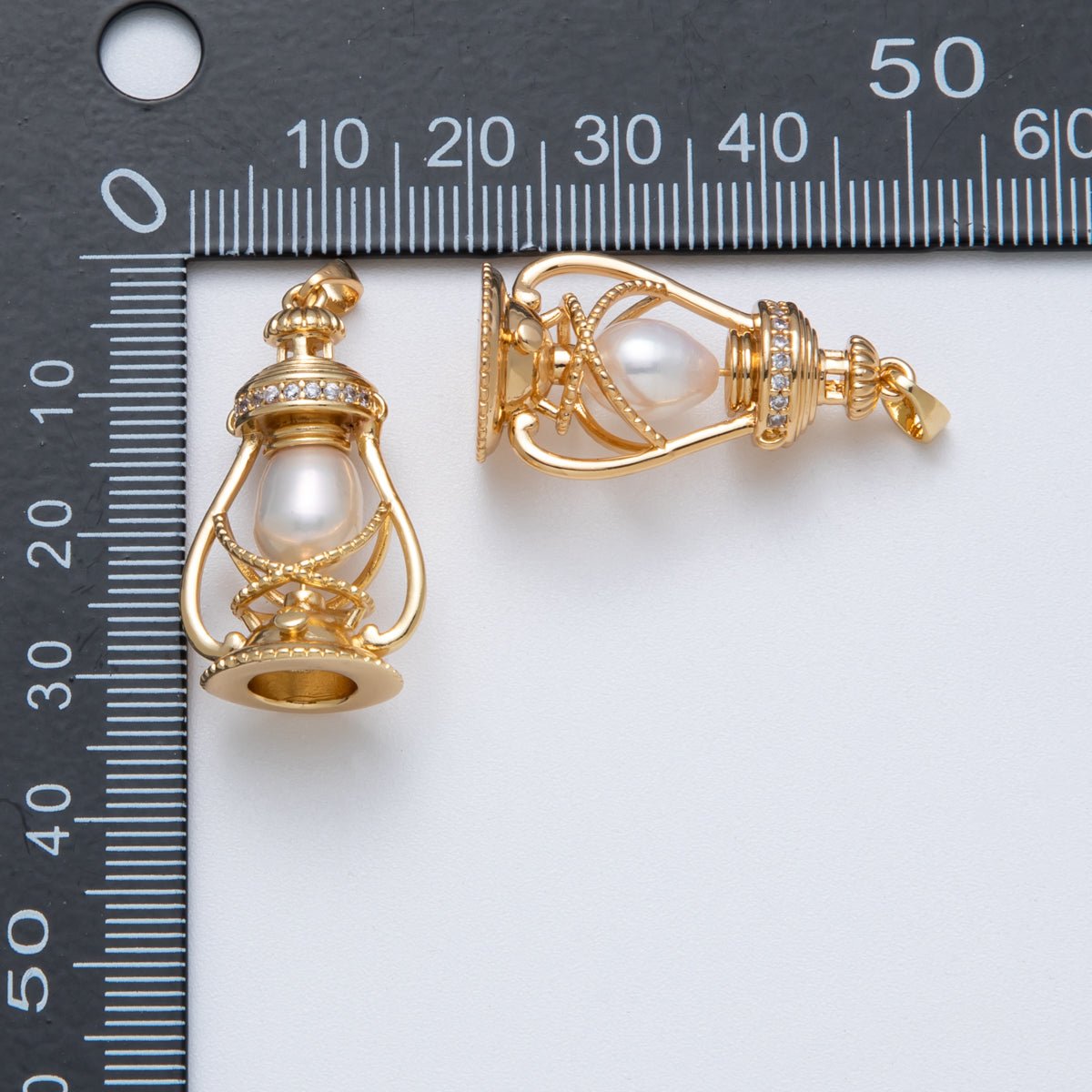 18K Gold Filled 30mm Shell Pearl Micro Paved CZ Oil Lamp 3D Multidimensional Charm | Charms - 00064 - DLUXCA