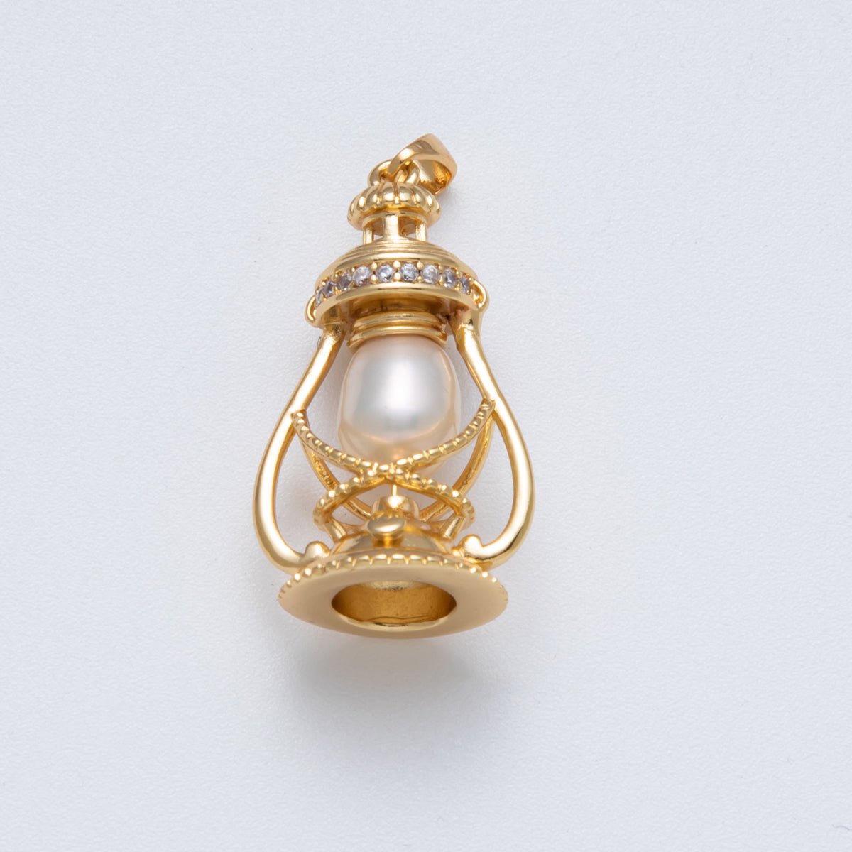 18K Gold Filled 30mm Shell Pearl Micro Paved CZ Oil Lamp 3D Multidimensional Charm | Charms - 00064 - DLUXCA