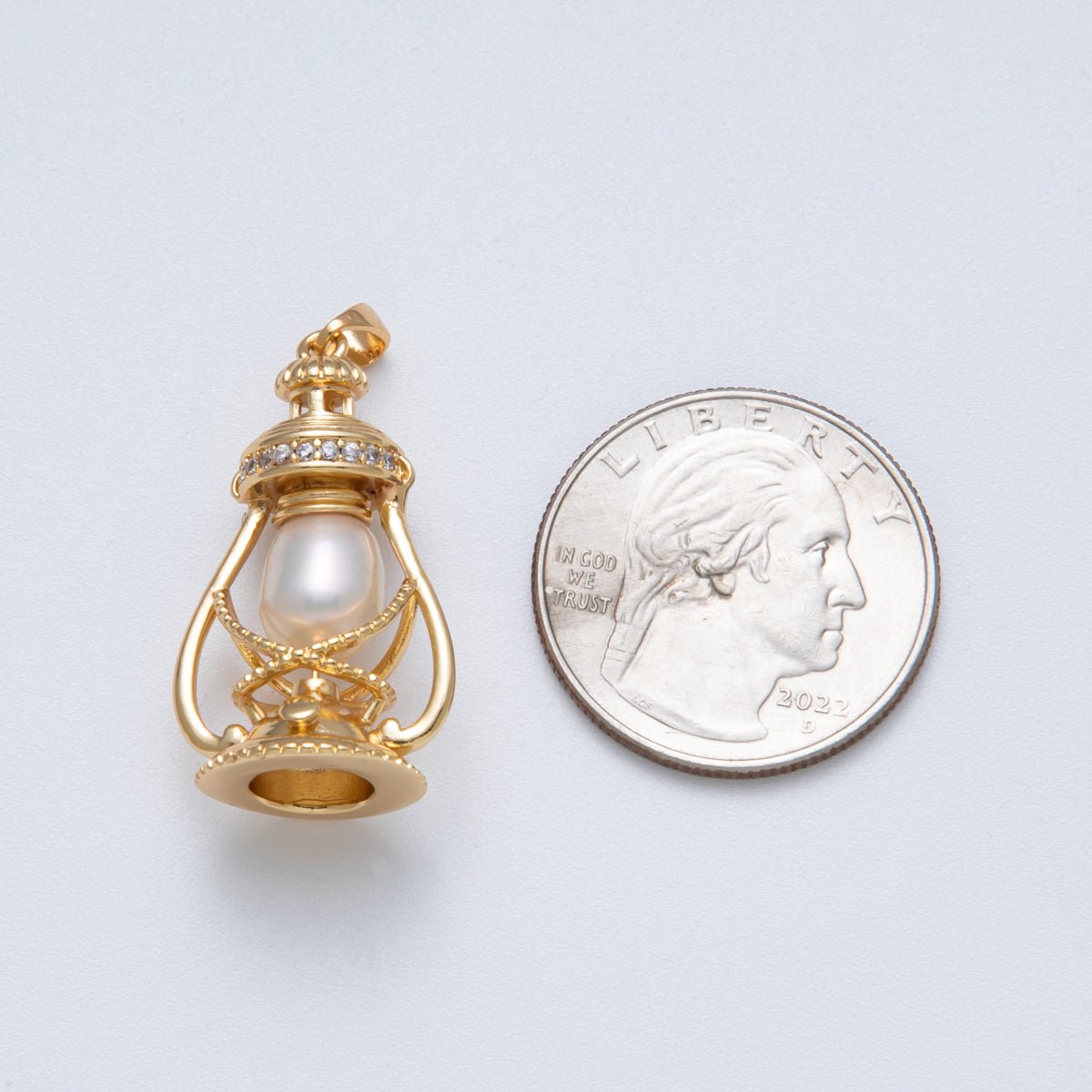 18K Gold Filled 30mm Shell Pearl Micro Paved CZ Oil Lamp 3D Multidimensional Charm | Charms - 00064 - DLUXCA