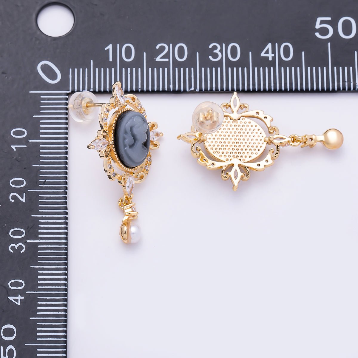 18K Gold Filled 30mm Women Girl Portrait Cameo Oval Artisan Shell Pearl Drop Stud in Gold & Silver | Earrings-00781 Earrings-00782 - DLUXCA