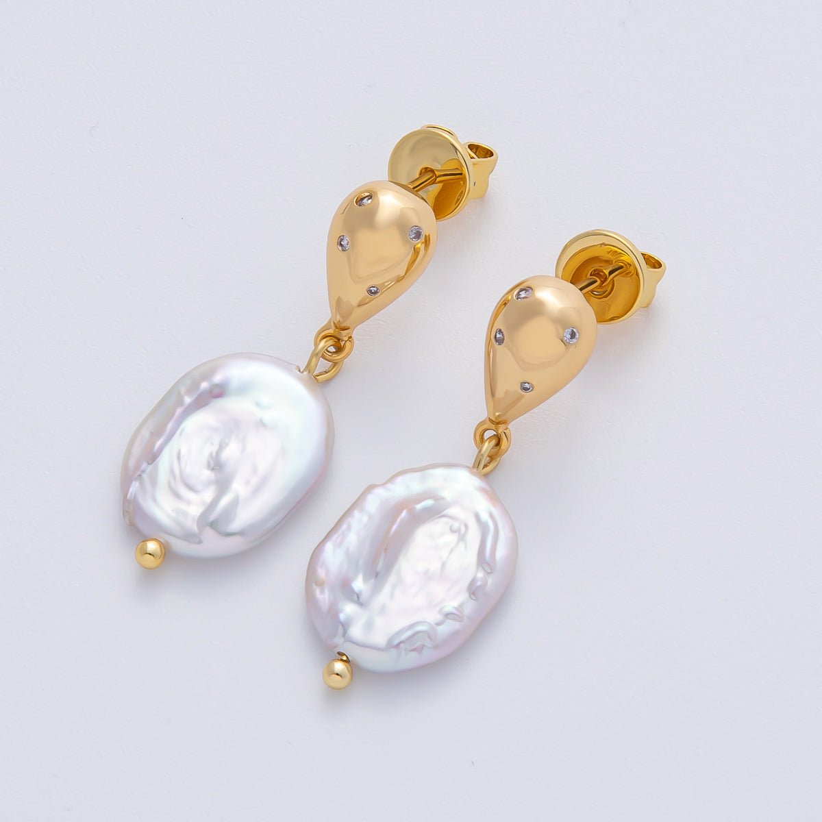 18K Gold Filled 31.5mm Baroque Shell Pearl Drop Stud Earrings | AD1597 - DLUXCA