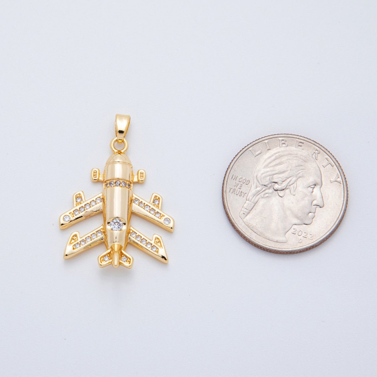 18K Gold Filled 31.5mm Micro Paved CZ Airplane Jet Plane Pendant | AH - 806 - DLUXCA