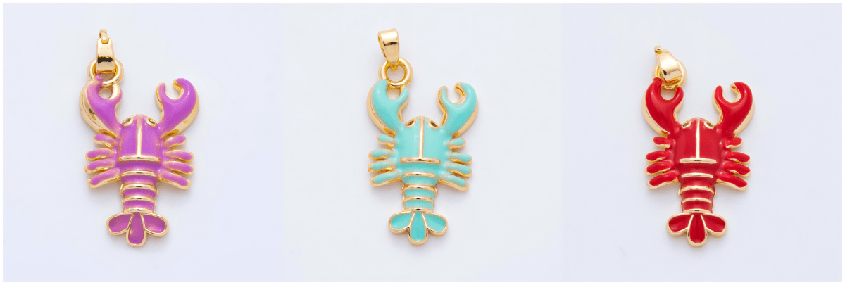 18K Gold Filled 31.5mm Red, Green, Purple Enamel Crustacean Crawfish Sea Lobster Pendant | AH793 AH794 - DLUXCA