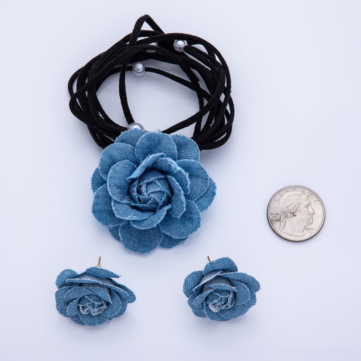 18K Gold Filled 31mm Blue Denim Jeans Rose Flower Stud Earrings | Earrings - 00187 - DLUXCA