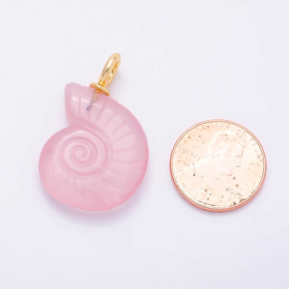 18K Gold Filled 32.5mm Rose Quartz Nautilus Sea Shell Drop Pendant | Charms-01276 - DLUXCA