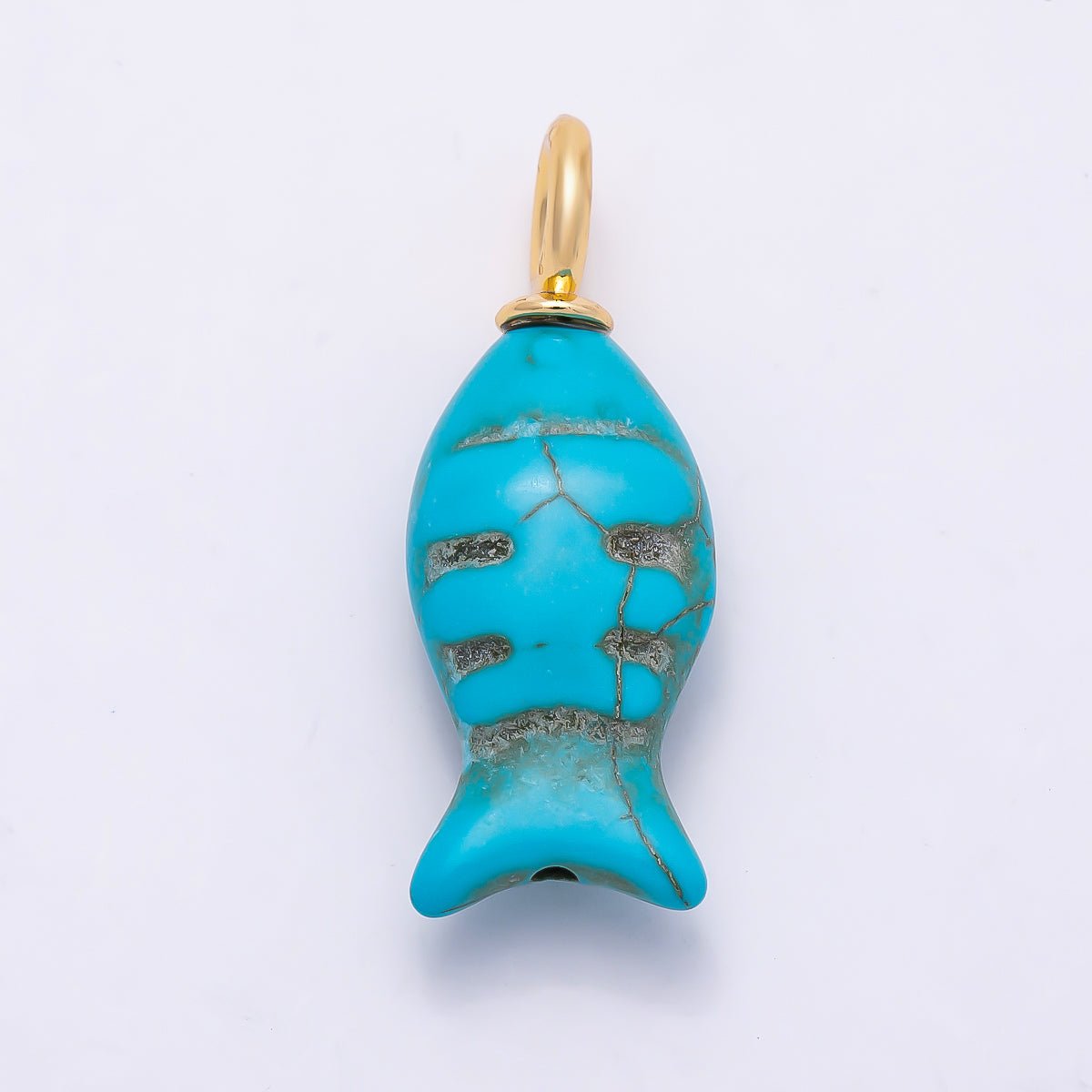 18K Gold Filled 32.5mm Turquoise Fish Gemstone Drop Charm | Charms-01347 - DLUXCA