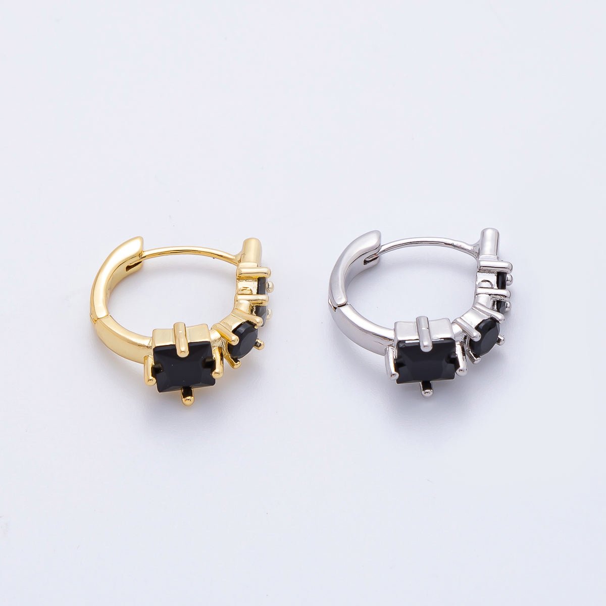 18K Gold Filled 32mm Black CZ Square Cluster Gradient Huggie Hoops Earrings in Gold & Silver | AJ280 AJ281 - DLUXCA