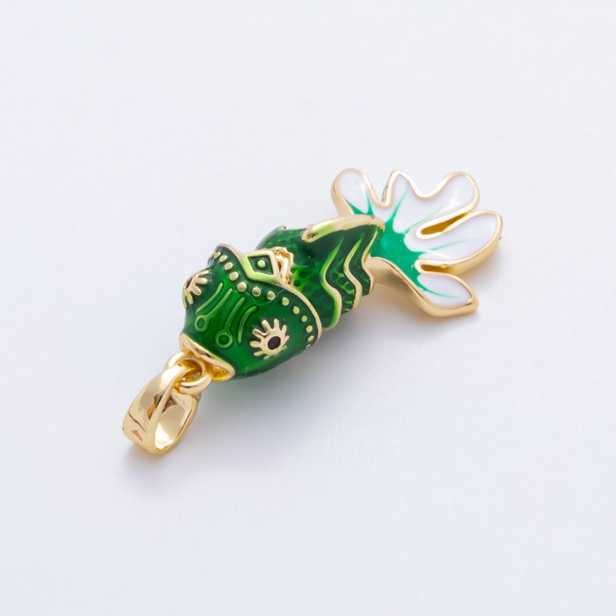 18K Gold Filled 32mm Enamel Art Fortune Koi Fish Pendant in Green & Red | AH - 815 - DLUXCA