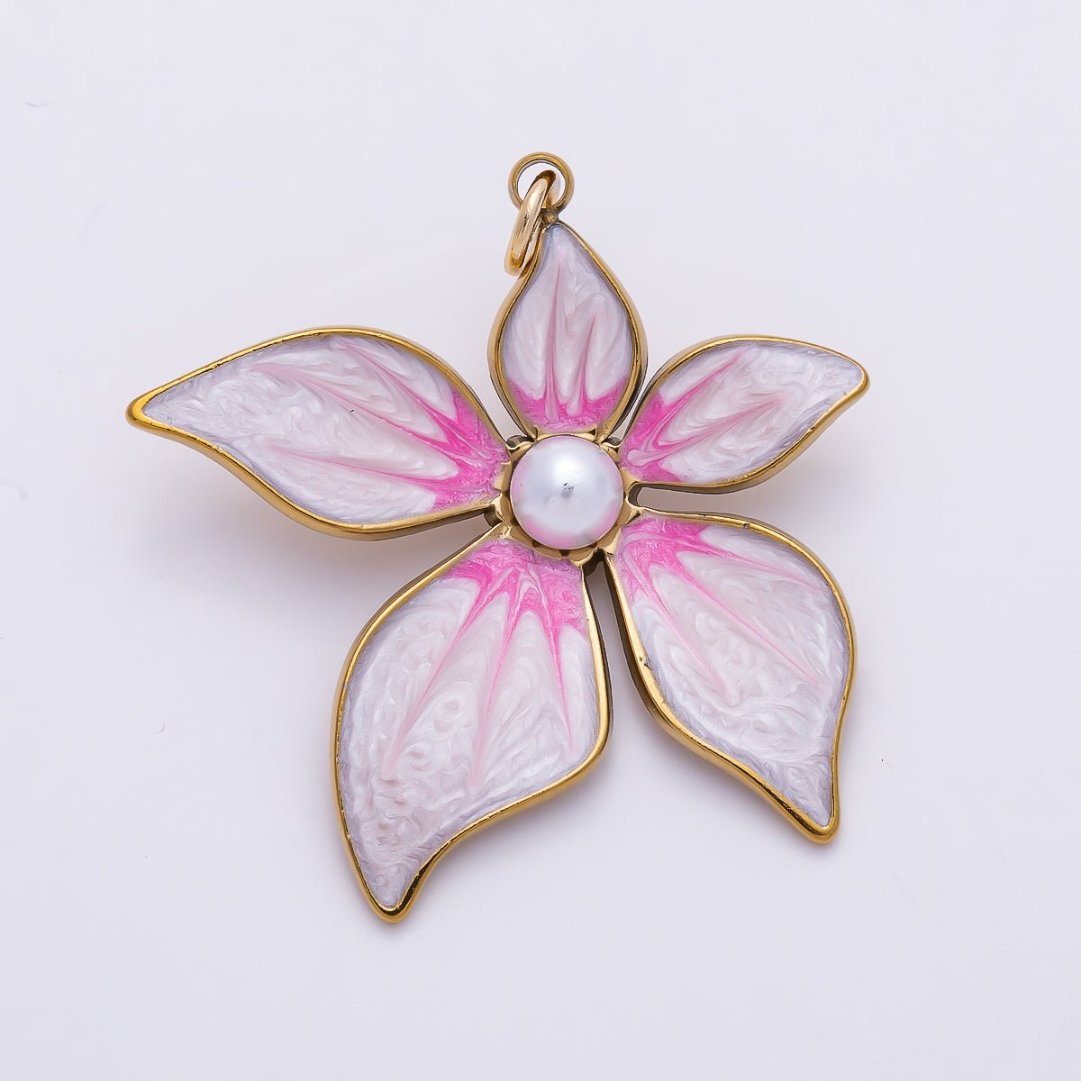 18K Gold Filled 32mm Shell Pearl Pink Enamel Flower Charm | Charms-01432 - DLUXCA