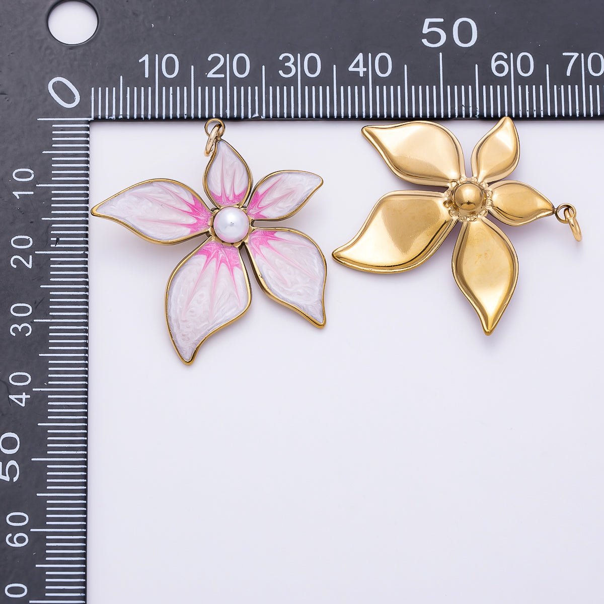 18K Gold Filled 32mm Shell Pearl Pink Enamel Flower Charm | Charms-01432 - DLUXCA