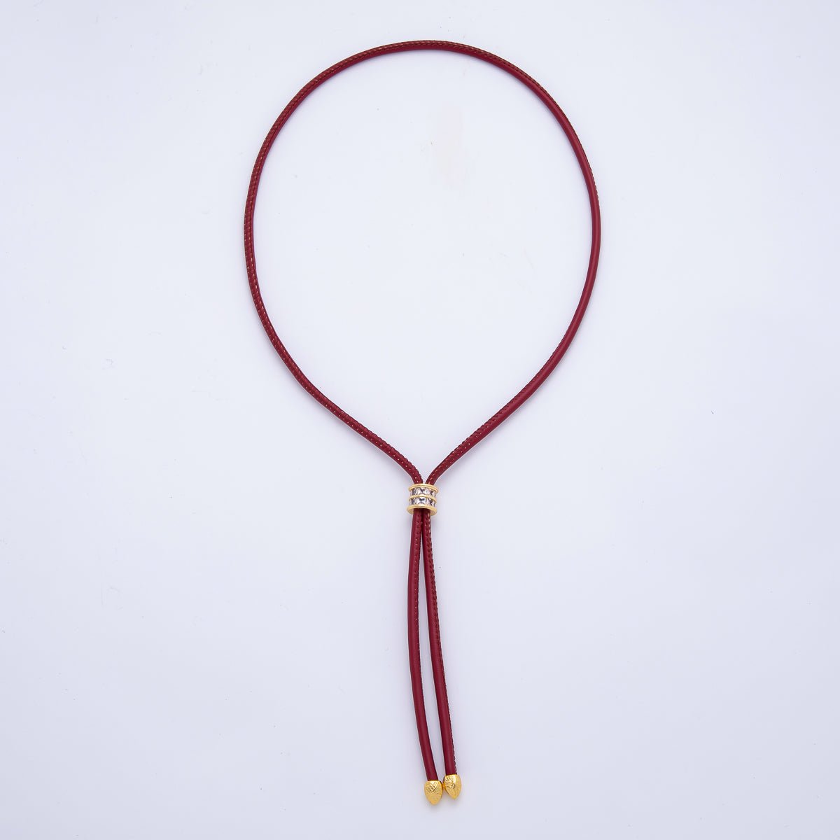 18K Gold Filled 3.3mm Brown, Color, Red Faux Leather Baguette CZ Slide Bolo Chain 23.62 Inch Necklace | WA-01211 ~ WA-01214 - DLUXCA
