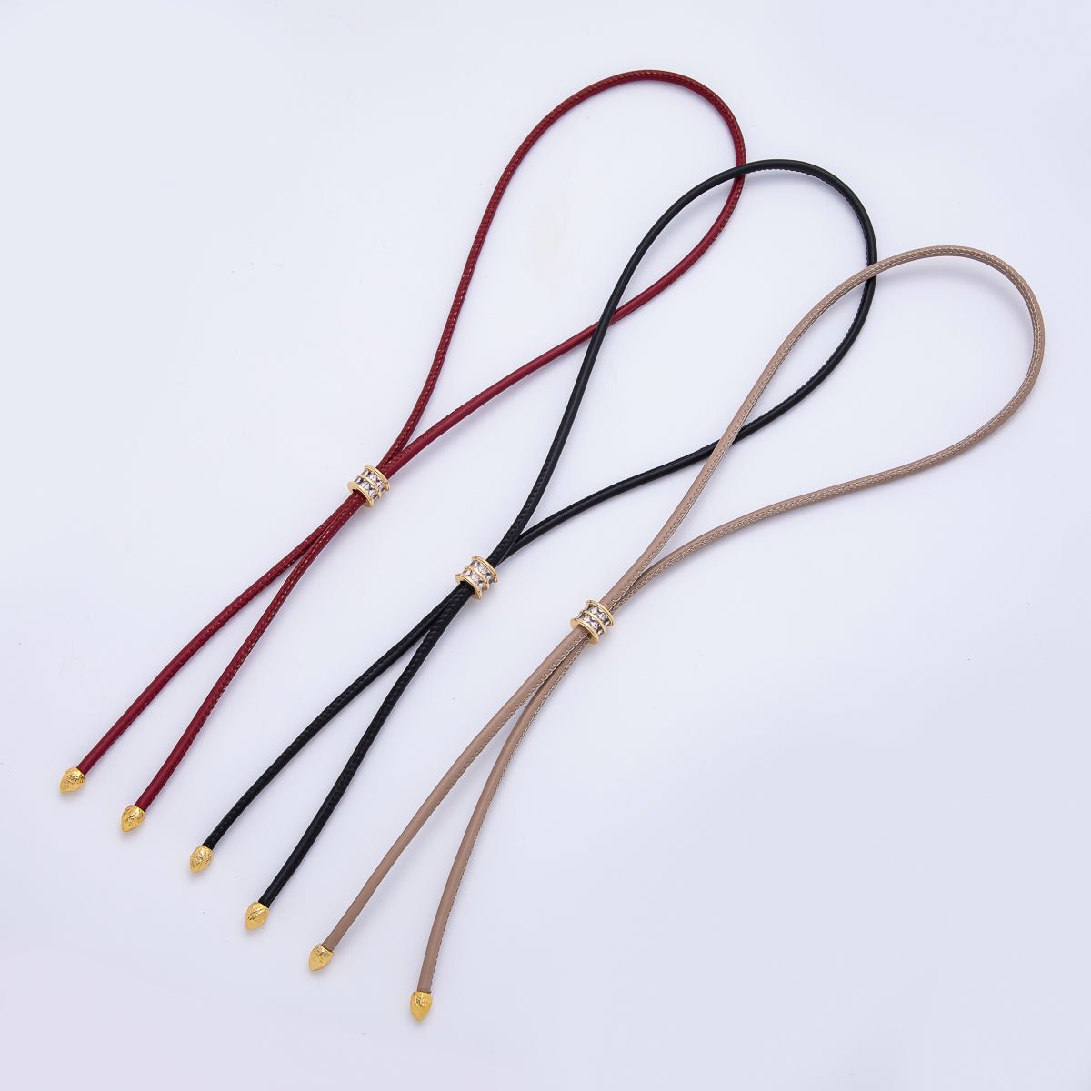 18K Gold Filled 3.3mm Brown, Color, Red Faux Leather Baguette CZ Slide Bolo Chain 23.62 Inch Necklace | WA-01211 ~ WA-01214 - DLUXCA