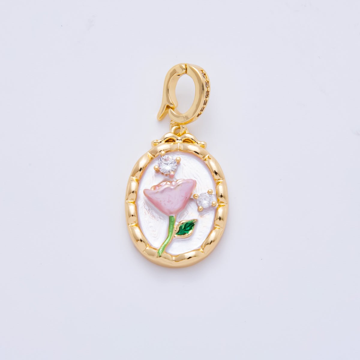 18K Gold Filled 33mm Clear CZ Enamel Art Shell Pearl Pink Tulip Flower Pendant | AH - 818 - DLUXCA