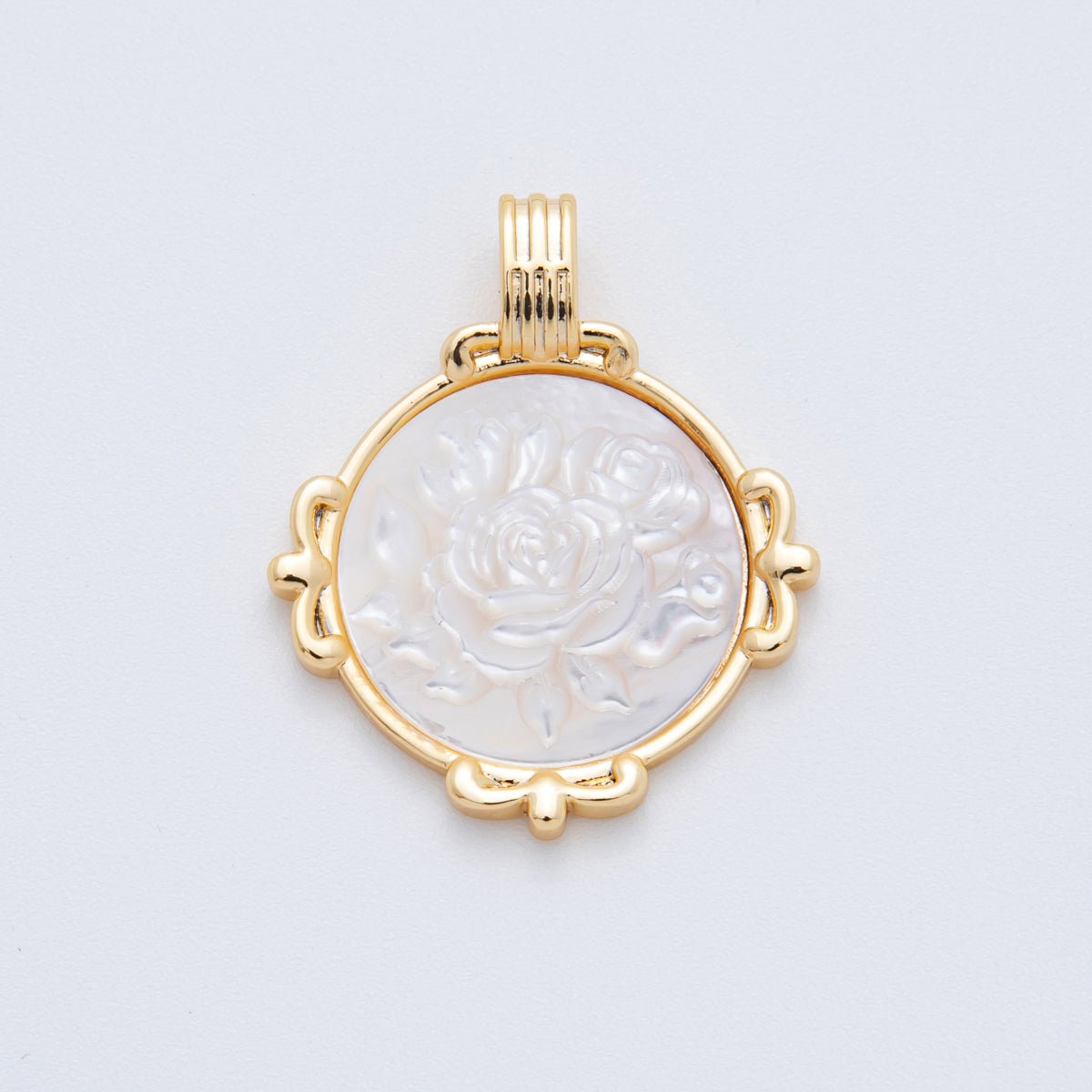 18K Gold Filled 33mm Shell Freshwater Pearl Round Medallion Pendant Charm in Ship / Flower Rose / Silhouette Woman in Shell Pearl or Abalone Pearl | AF829 - DLUXCA