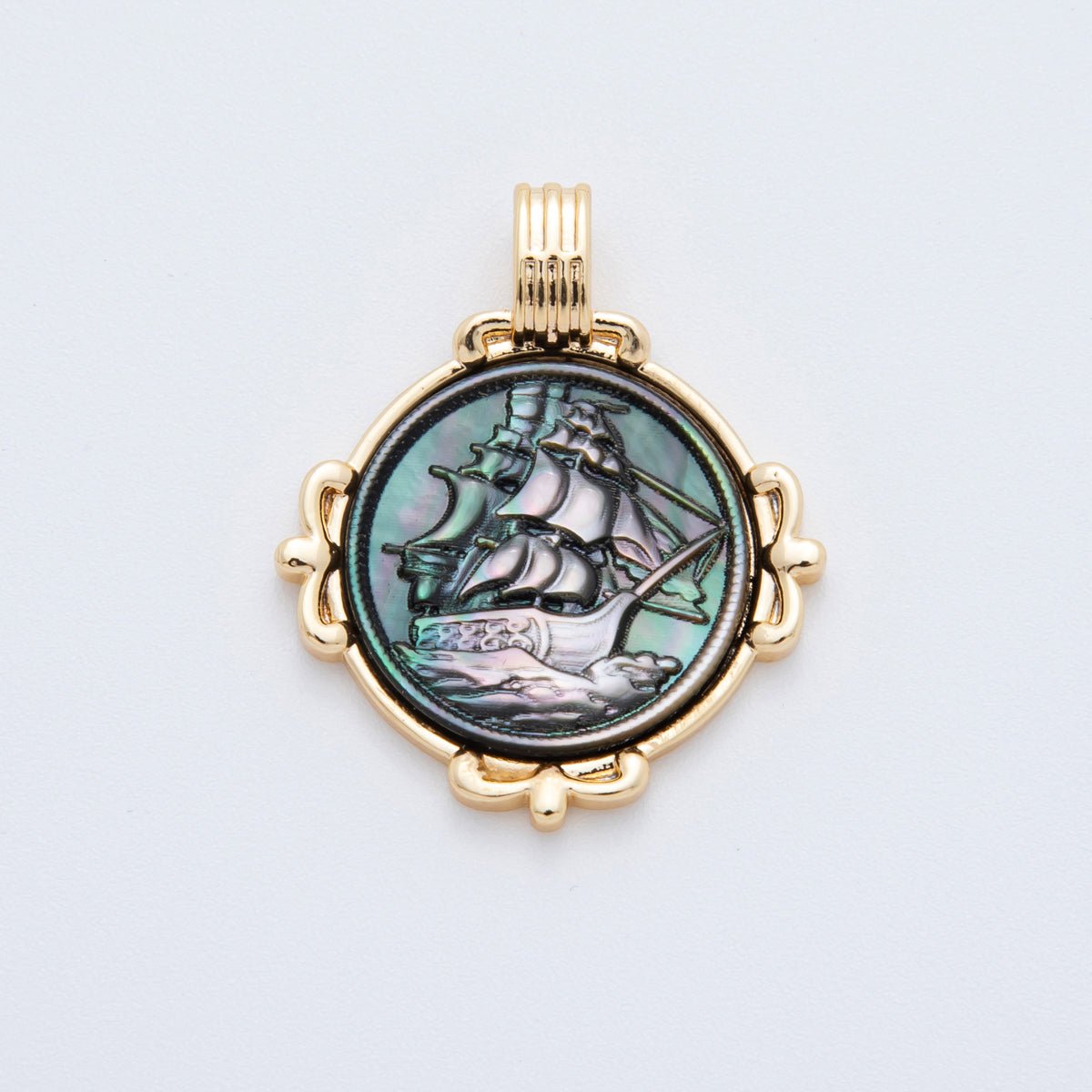 18K Gold Filled 33mm Shell Freshwater Pearl Round Medallion Pendant Charm in Ship / Flower Rose / Silhouette Woman in Shell Pearl or Abalone Pearl | AF829