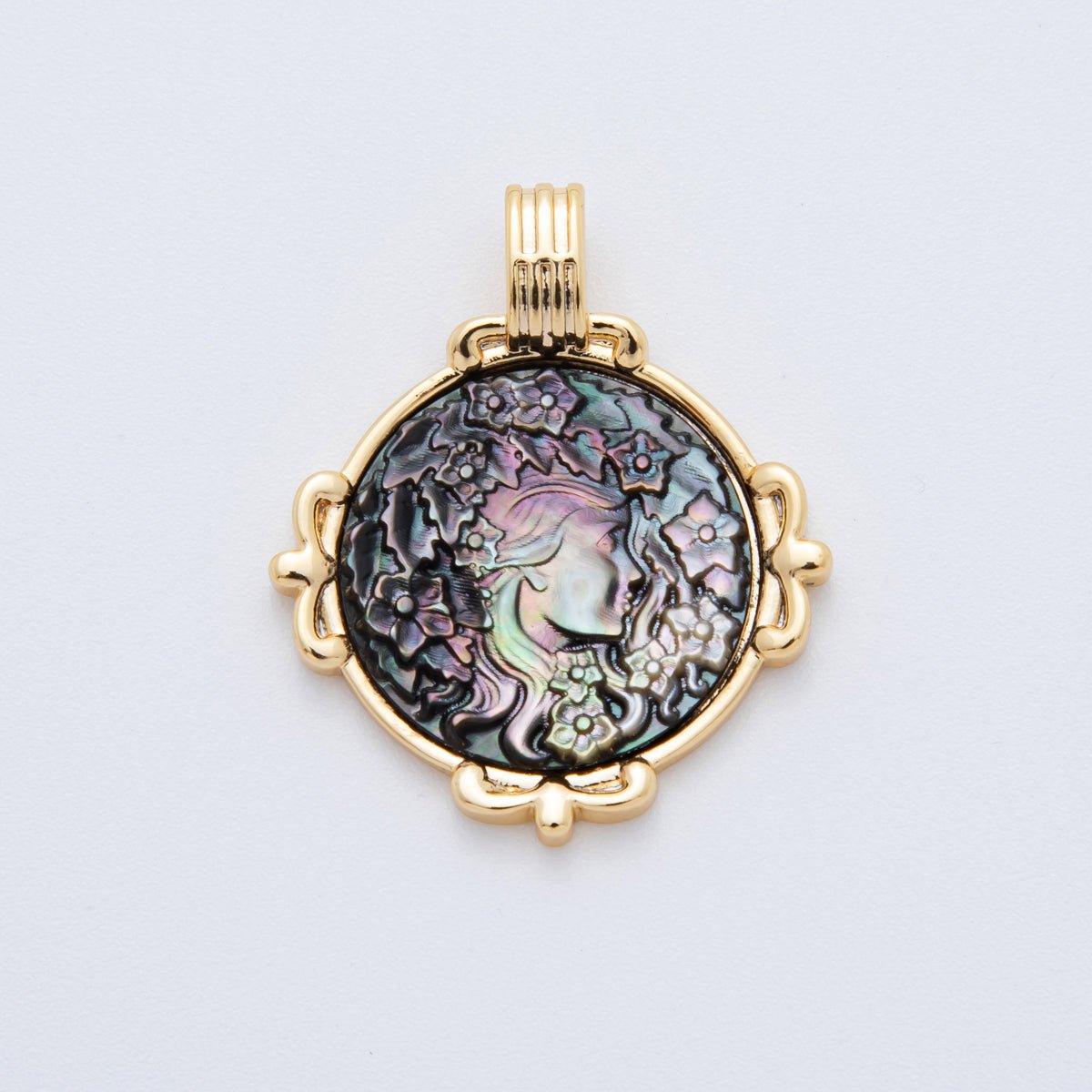 18K Gold Filled 33mm Shell Freshwater Pearl Round Medallion Pendant Charm in Ship / Flower Rose / Silhouette Woman in Shell Pearl or Abalone Pearl | AF829