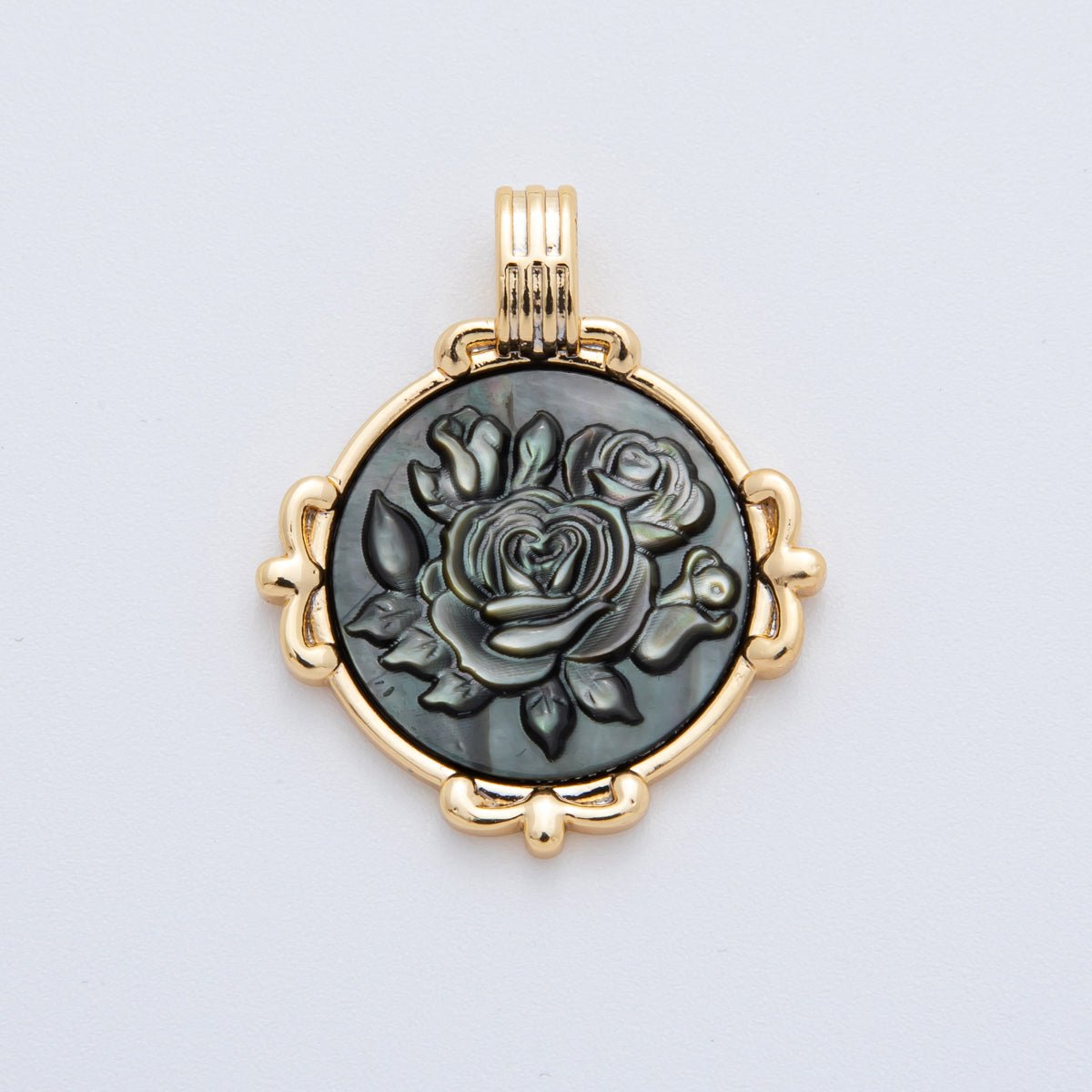 18K Gold Filled 33mm Shell Freshwater Pearl Round Medallion Pendant Charm in Ship / Flower Rose / Silhouette Woman in Shell Pearl or Abalone Pearl | AF829 - DLUXCA