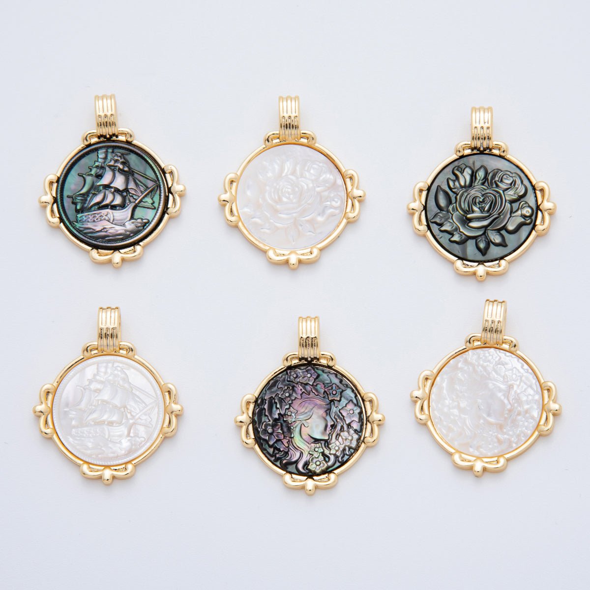 18K Gold Filled 33mm Shell Freshwater Pearl Round Medallion Pendant Charm in Ship / Flower Rose / Silhouette Woman in Shell Pearl or Abalone Pearl | AF829