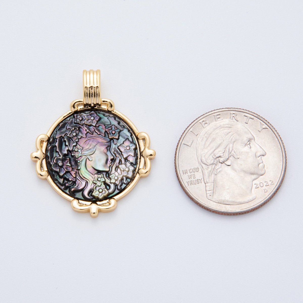 18K Gold Filled 33mm Shell Freshwater Pearl Round Medallion Pendant Charm in Ship / Flower Rose / Silhouette Woman in Shell Pearl or Abalone Pearl | AF829