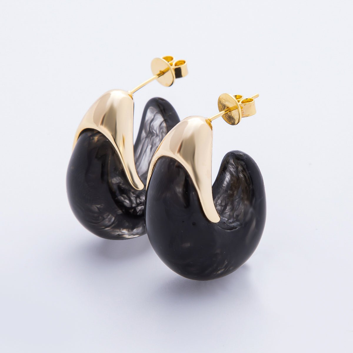 18K Gold Filled 34mm Blue, White, Brown Resin Dreamy Retro J - Shaped Hoop Earrings | AJ249 - AJ252 - DLUXCA