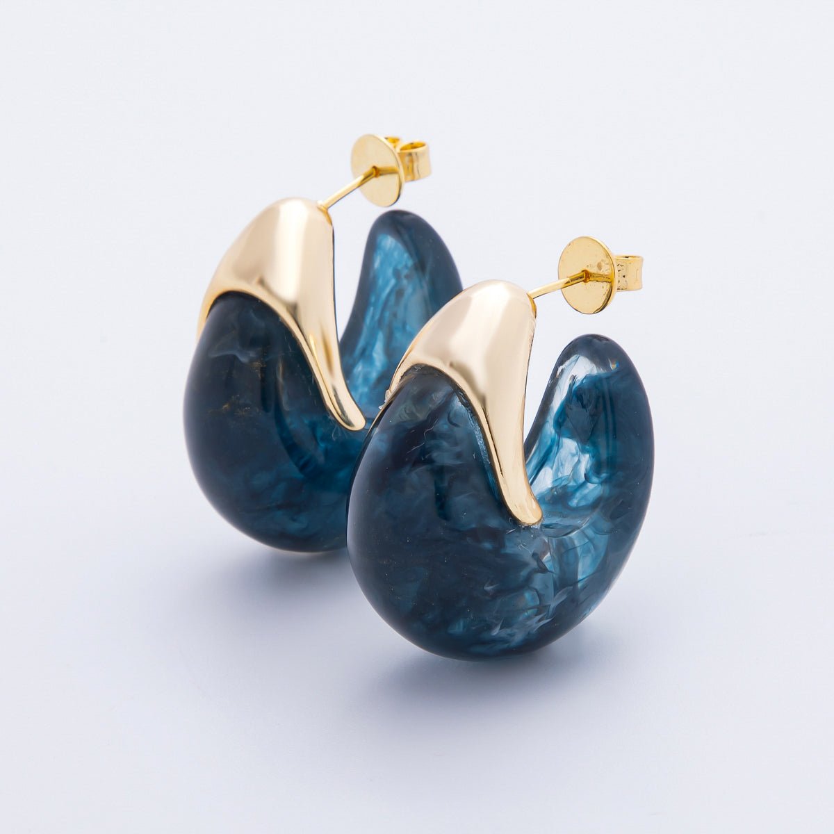 18K Gold Filled 34mm Blue, White, Brown Resin Dreamy Retro J - Shaped Hoop Earrings | AJ249 - AJ252 - DLUXCA