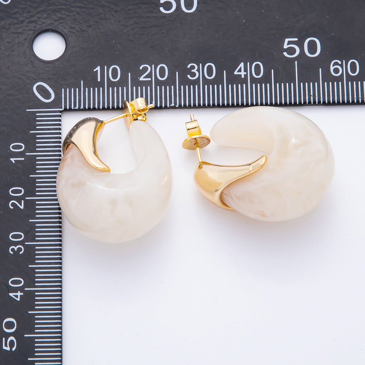 18K Gold Filled 34mm Blue, White, Brown Resin Dreamy Retro J - Shaped Hoop Earrings | AJ249 - AJ252 - DLUXCA