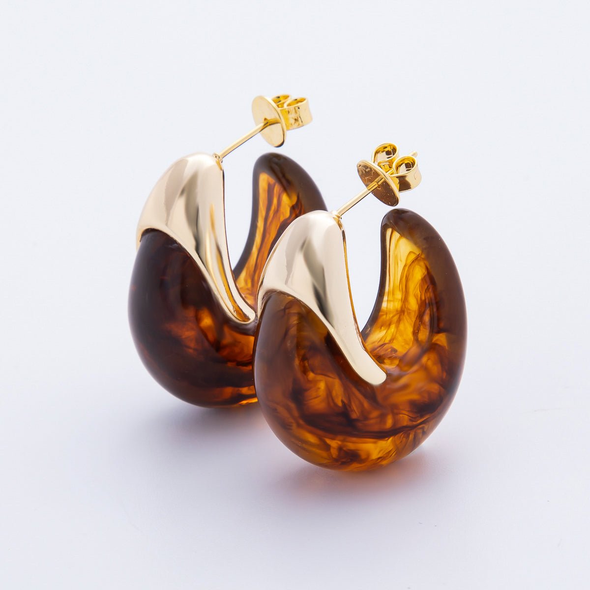 18K Gold Filled 34mm Blue, White, Brown Resin Dreamy Retro J - Shaped Hoop Earrings | AJ249 - AJ252 - DLUXCA