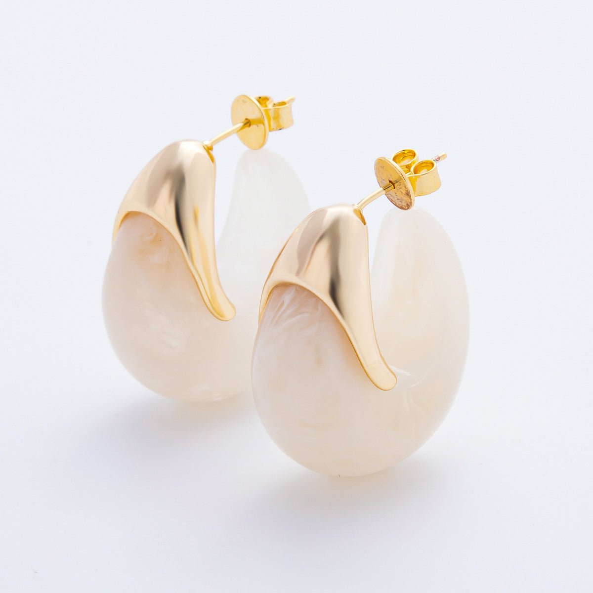 18K Gold Filled 34mm Blue, White, Brown Resin Dreamy Retro J - Shaped Hoop Earrings | AJ249 - AJ252 - DLUXCA