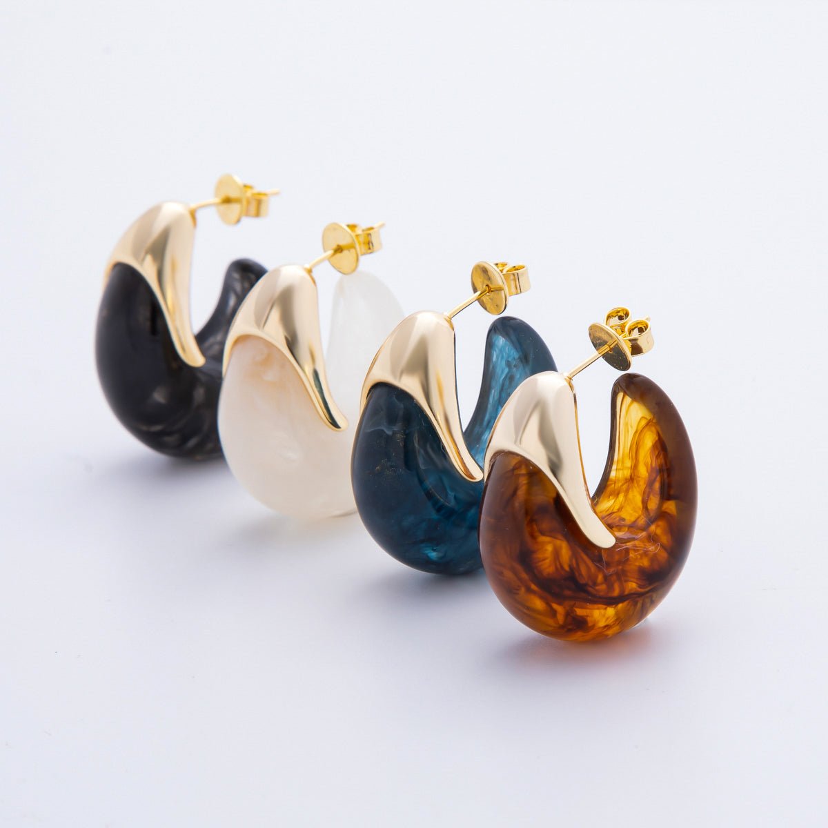 18K Gold Filled 34mm Blue, White, Brown Resin Dreamy Retro J - Shaped Hoop Earrings | AJ249 - AJ252 - DLUXCA