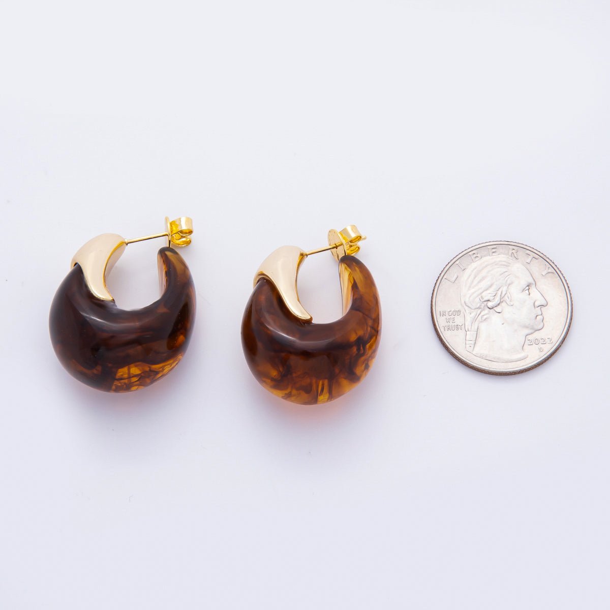 18K Gold Filled 34mm Blue, White, Brown Resin Dreamy Retro J - Shaped Hoop Earrings | AJ249 - AJ252 - DLUXCA