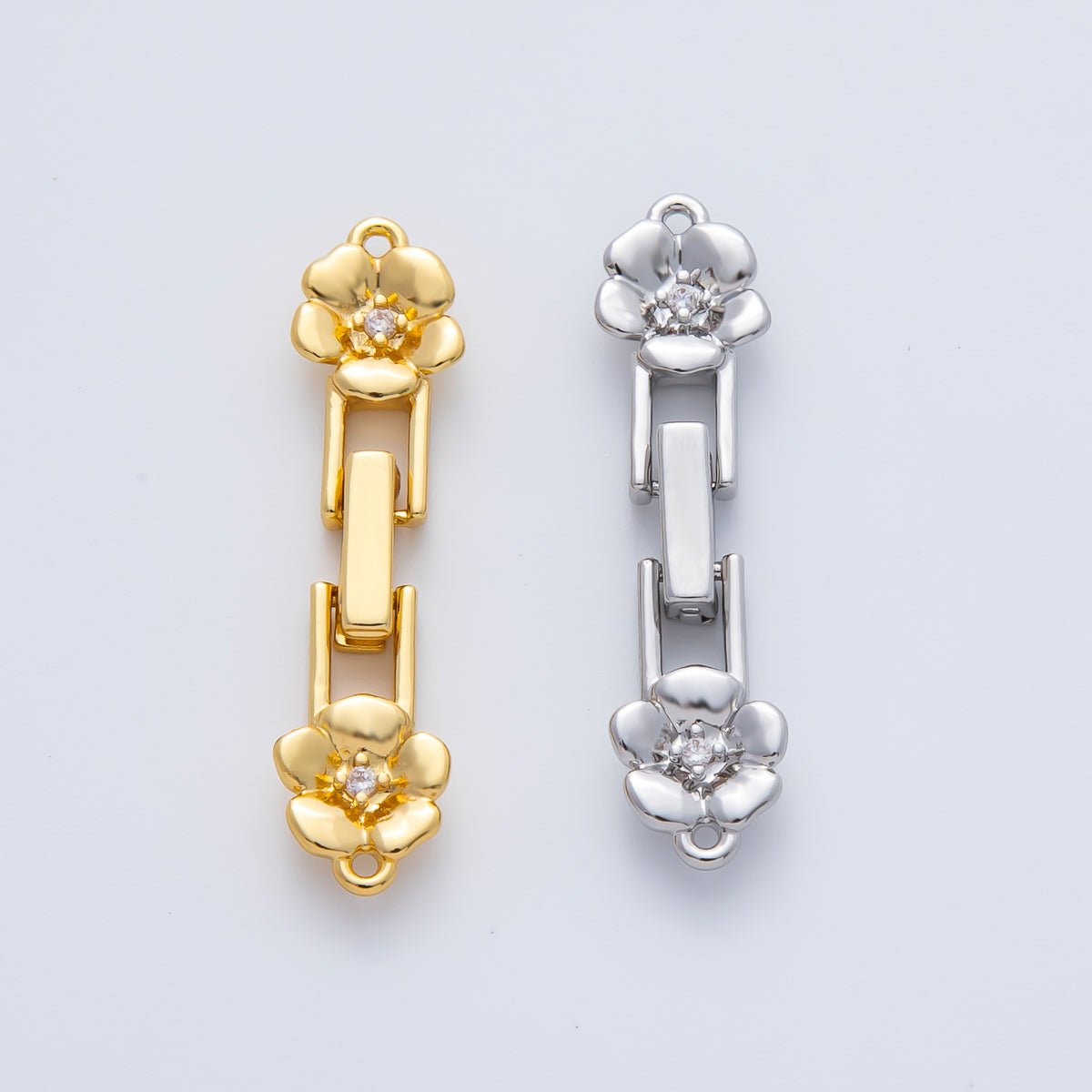 18K Gold Filled 34mm Clear CZ Twin Flower Fold - Over Clasps Closure Finding in Gold & Silver | Z1455 - DLUXCA