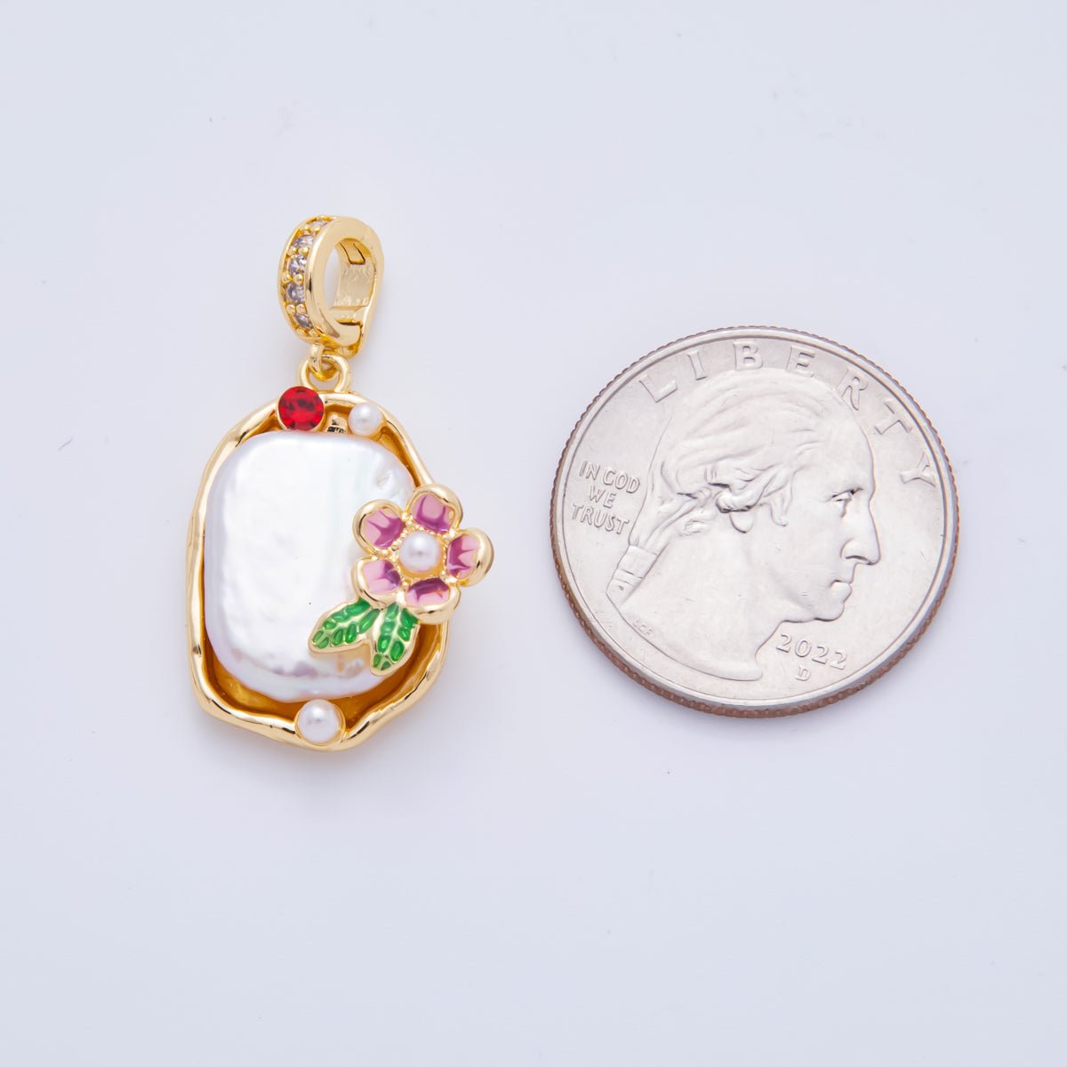 18K Gold Filled 34mm Freshwater Pearl Flower Micro Paved CZ Drop Rondelle Pendant | AH817 - DLUXCA
