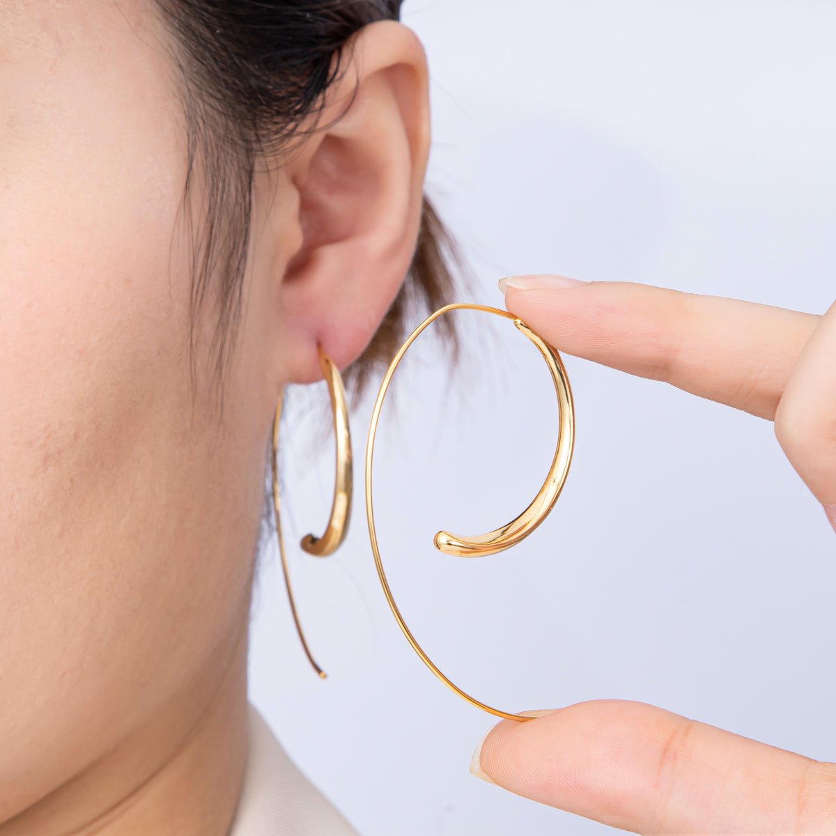 18K Gold Filled 34mm Minimalist Spiral Curl C - Shaped French Hook Earrings | EARRINGS - 00184 - DLUXCA